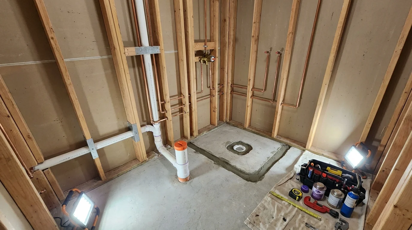 Bathroom rough-in plumbing during remodel by Johns Plumbing LLC in Waitsburg