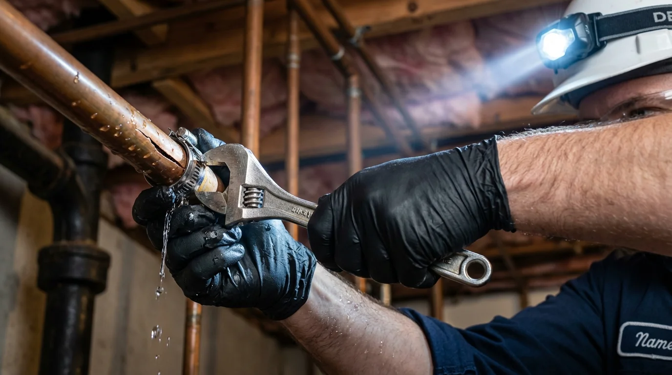 Emergency pipe clamp repair being performed by a Johns Plumbing LLC plumber in Waitsburg