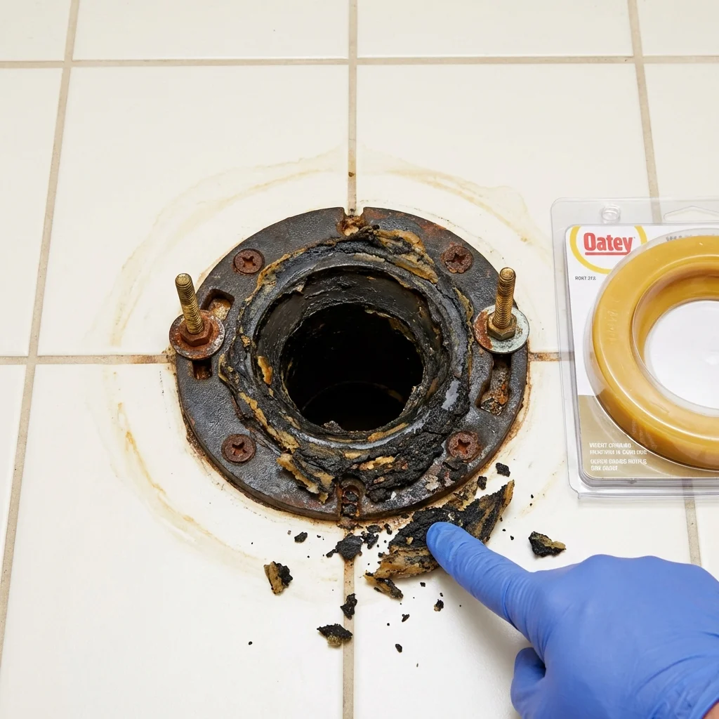 Failed wax ring showing water seepage at the base of a toilet in a Waitsburg, WA home
