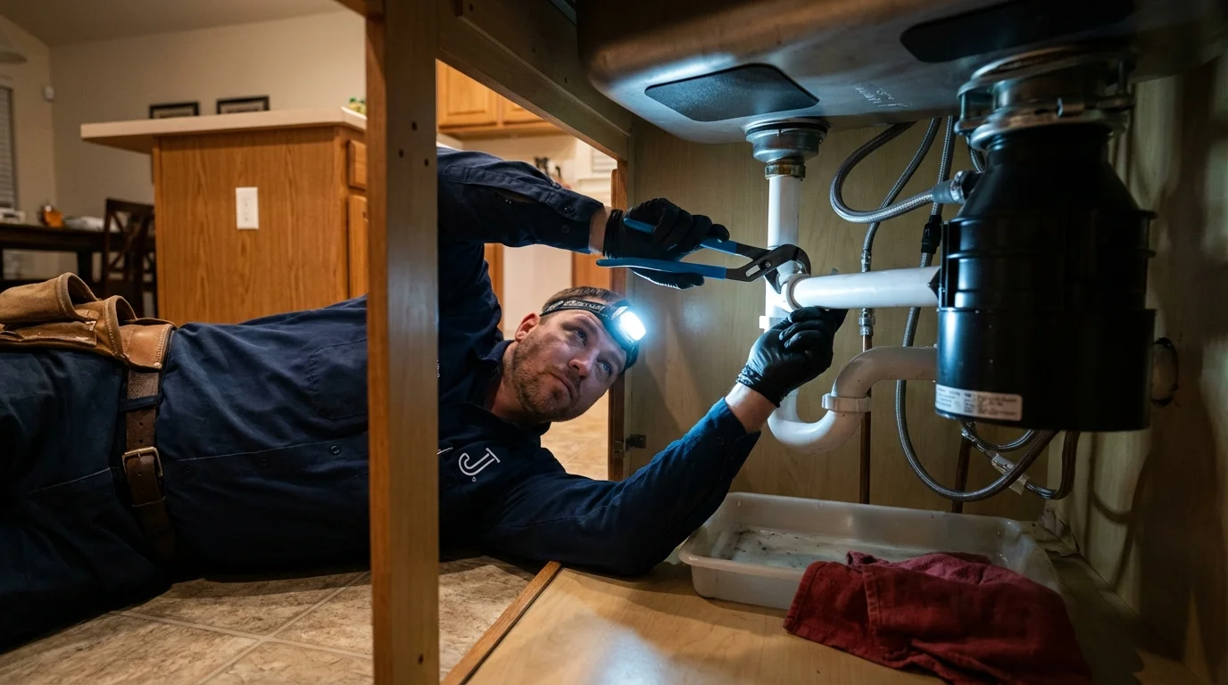 P-trap and supply line connections under a kitchen sink showing a common leak point in Waitsburg, WA